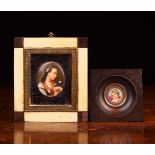 Two 19th Century Miniature Portraits printed on porcelain: A small oval cabochon plaque with head &