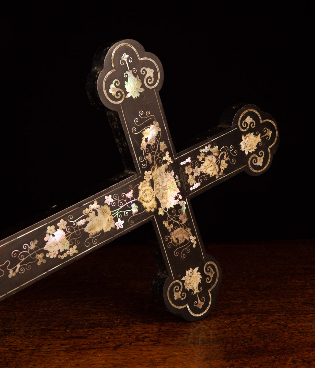 A 19th Century Ebony Crucifix intricately inlaid with mother-of pearl fruiting vines, - Image 2 of 2