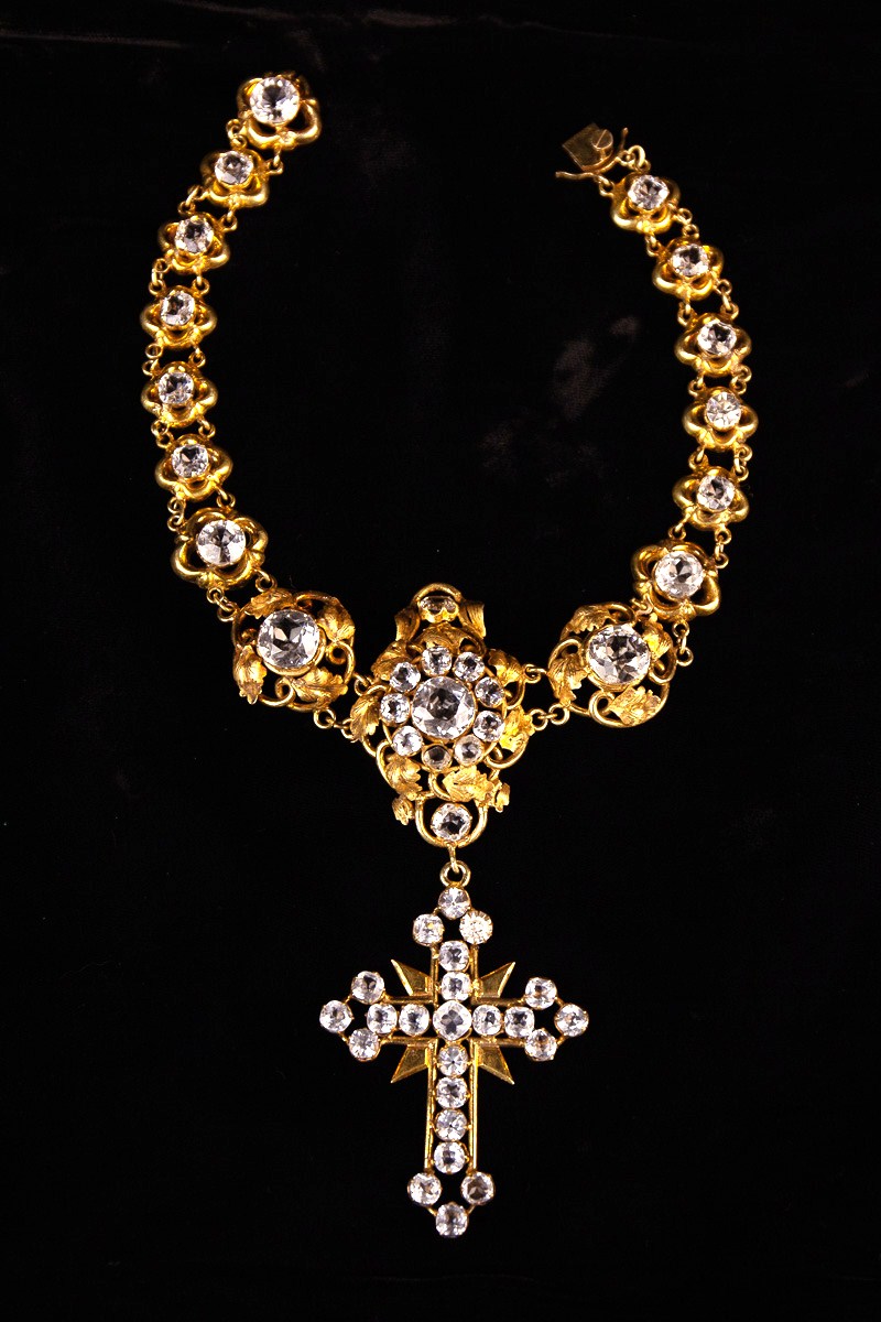 A Striking 19th Century Silver Gilt and Paste encrusted Necklace with pendant crucifix.