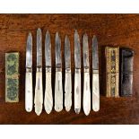 Eight Attractive 19th Century Silver Folding Fruit Knives: One in a decorative case with gilt