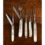 A Group of Silver & Mother-of-Pearl handled Folding Cutlery: Three folding forks;