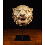 An Art Deco Gold Patinated Cast Iron Lion Mask mounted on a modern metal display stand 11" (28 cm)