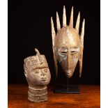 An African Bronze/Brass Alloy Head and a Brass & Copper Clad Face Mask with scarified decoration,