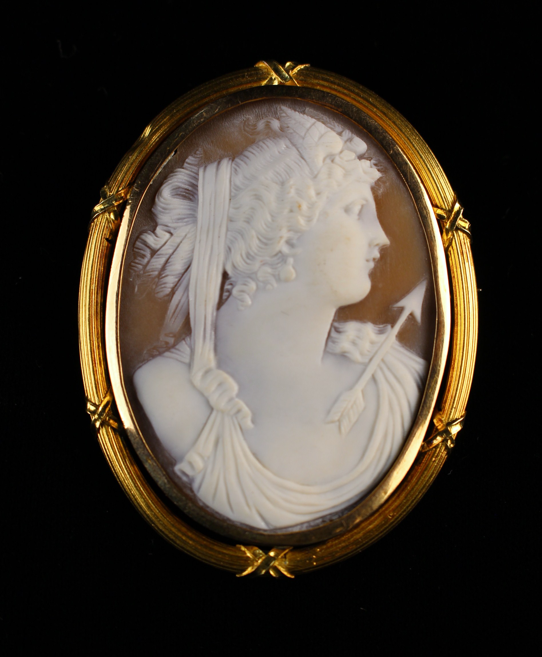 A Fine 19th Century Carved Shell Cameo Brooch in 18 carat gold mount.