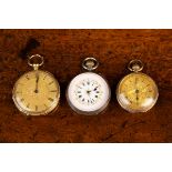 Three 19th Century Pocket Watches: One in an 18 carat gold case decorated with engraving.