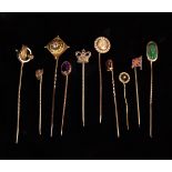 A Group of 19th Century & Later Cravat Pins including one with a green carved cameo,