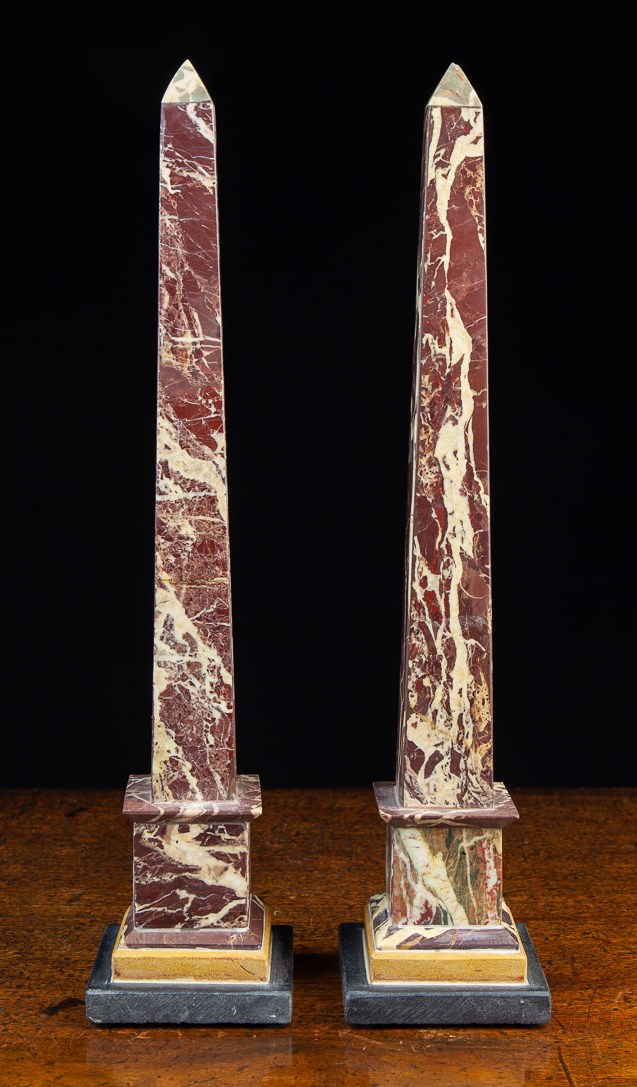 A Pair of 19th Century 'Grand Tour' Figured Griotte Marble Obelisks raised on square Senia marble - Image 2 of 2