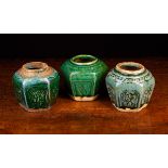 Three Green & Turquoise Glazed Chinese hexagonal Storage Jars, 19th/20th Century, 3½" (9 cm) high.