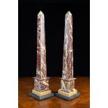 A Pair of 19th Century 'Grand Tour' Figured Griotte Marble Obelisks raised on square Senia marble