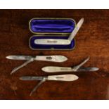 Four Mother of Pearl Handled Silver Fruit Knives: One in a velvet lined case;