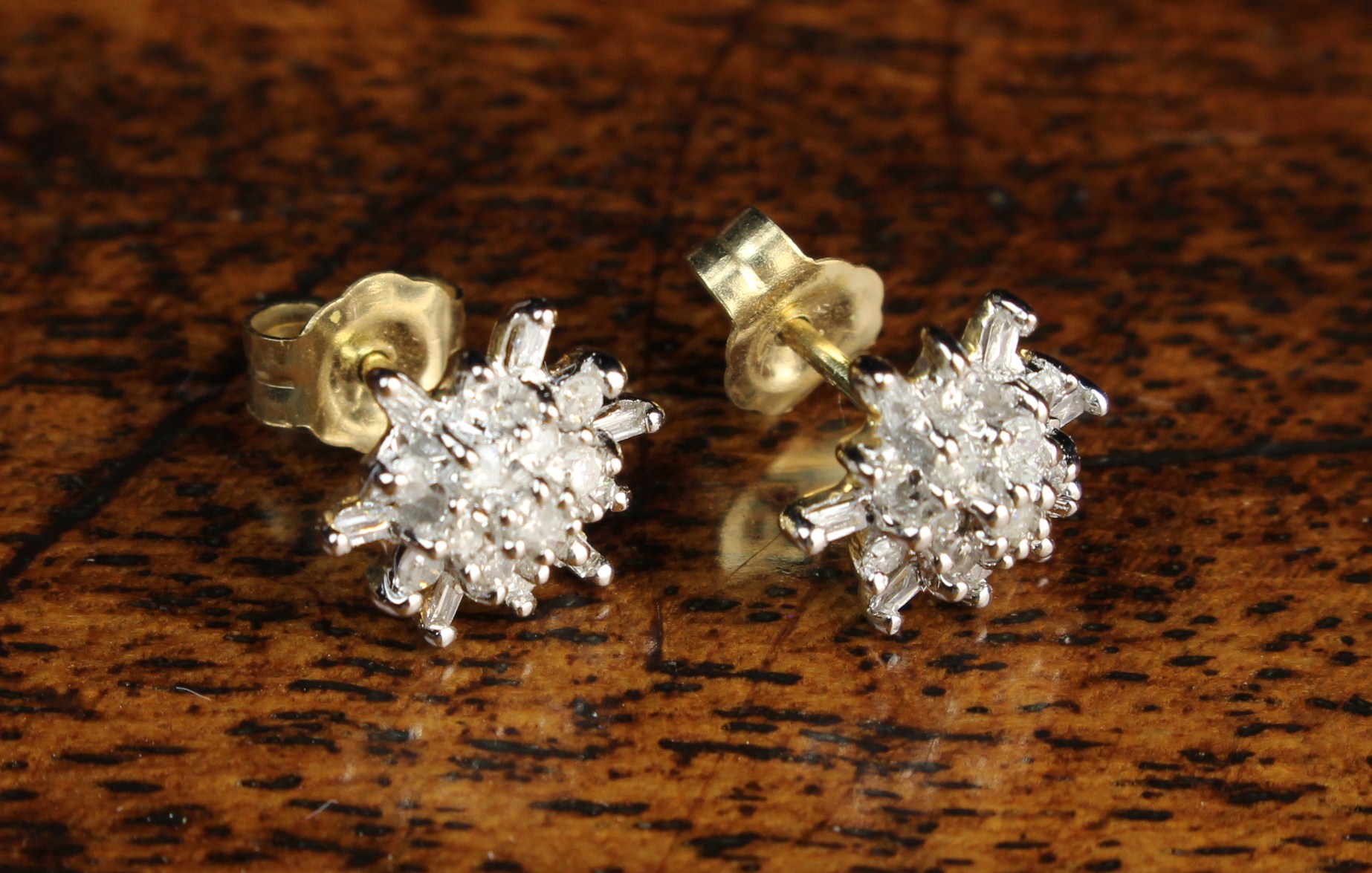 A Pair of Gold & Diamond Cluster Starburst Stud Earrings.