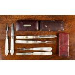 Three Cased Sets of Silver Folding Fruit Knives & Forks with mother-of-pearl handles.