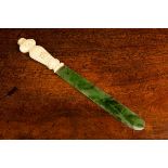 A Fine 19th Century Jade Page Turner with carved & reeded ivory handle decorated with a swag of