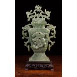 A Carved Spinach Green Jade Censer of rectangular baluster form;