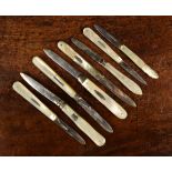 A Group of Eight Georgian & Victorian Silver Folding Fruit Knives with decorative mother-of-pearl