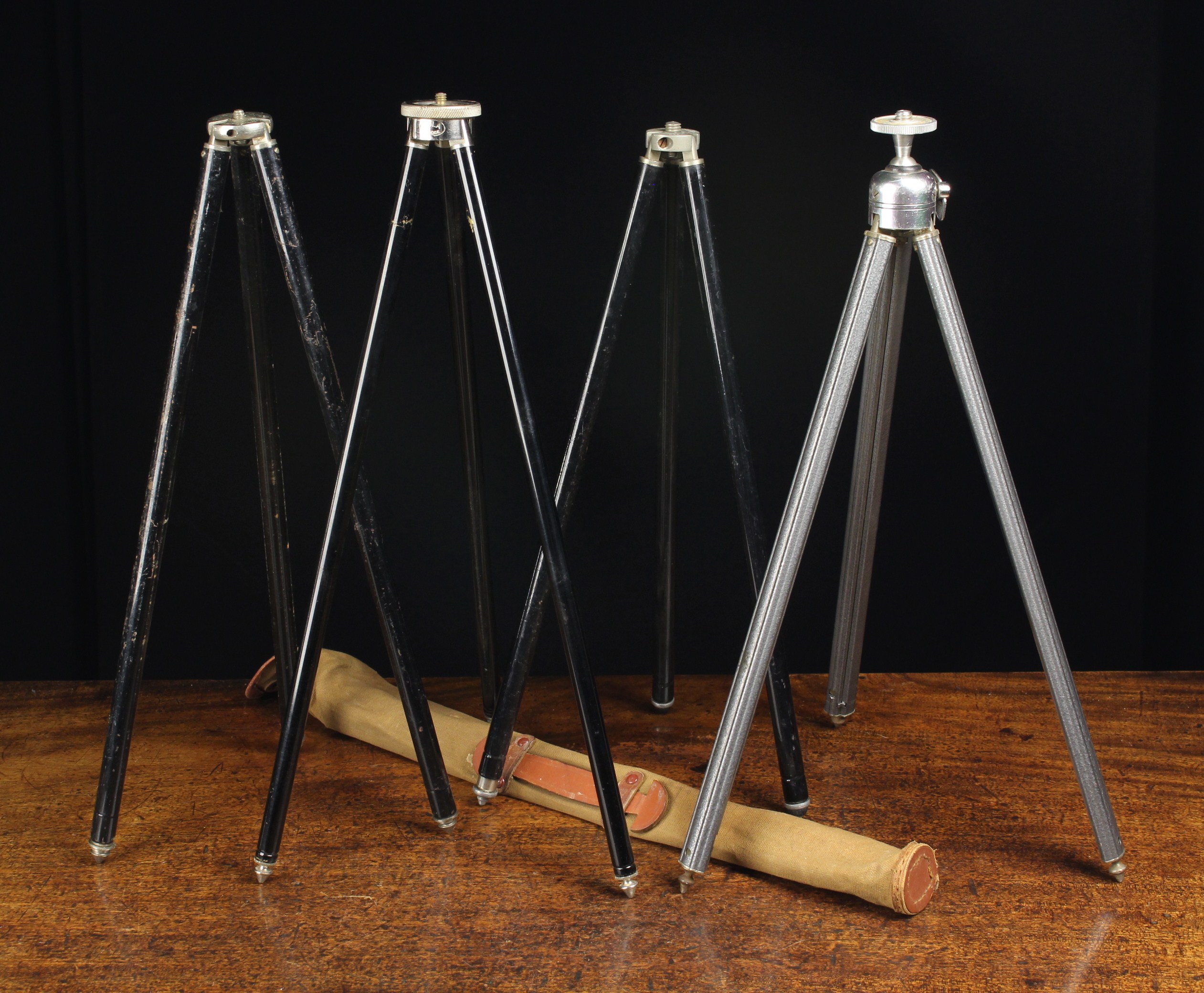 Four Vintage Metal Camera Tripods; Edla (with original canvas & leather bag) Hunter,