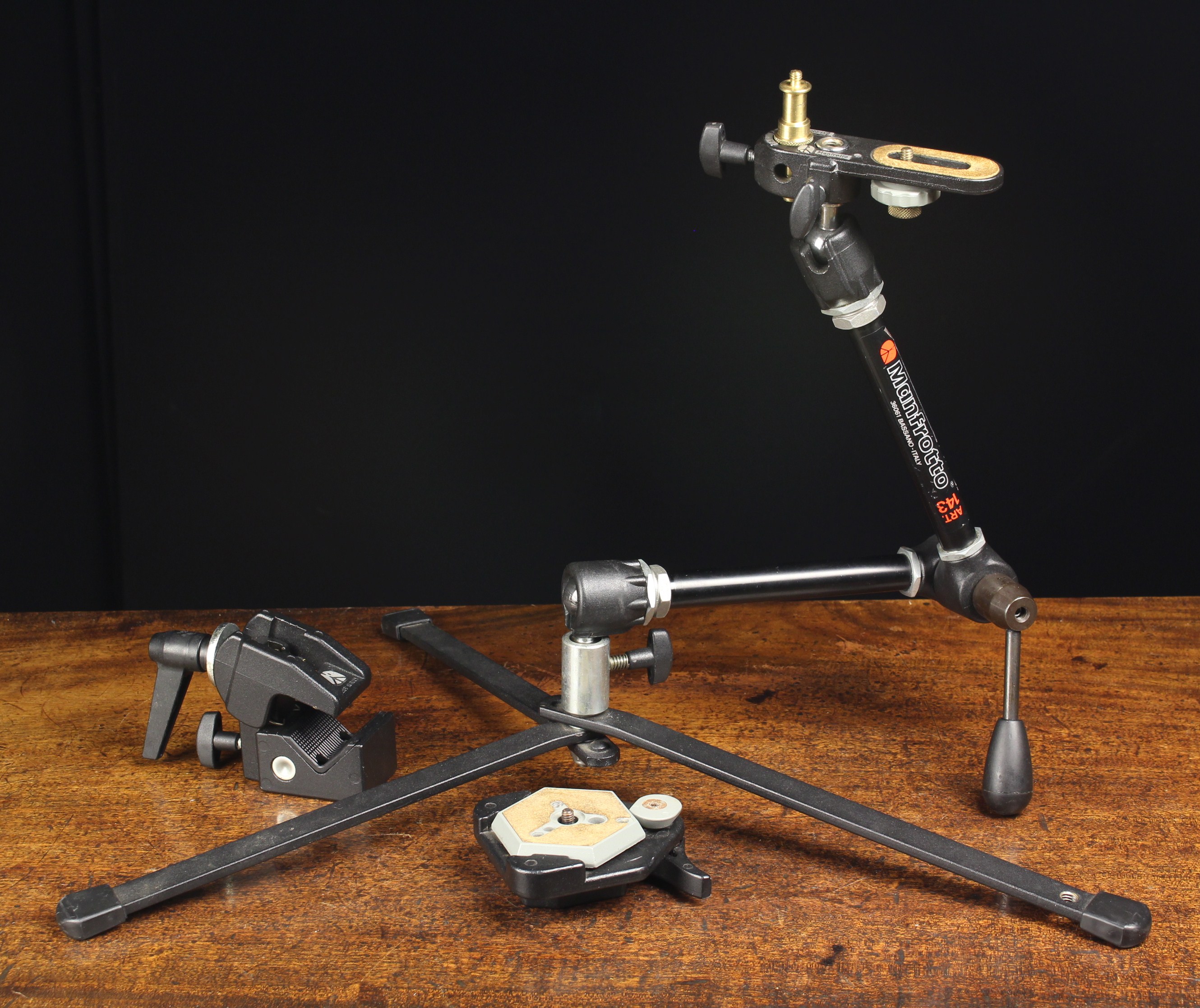 A Manfrotto ART143 adjustable Studio Stand, a Manfrotto clamp and quick release tripod head.