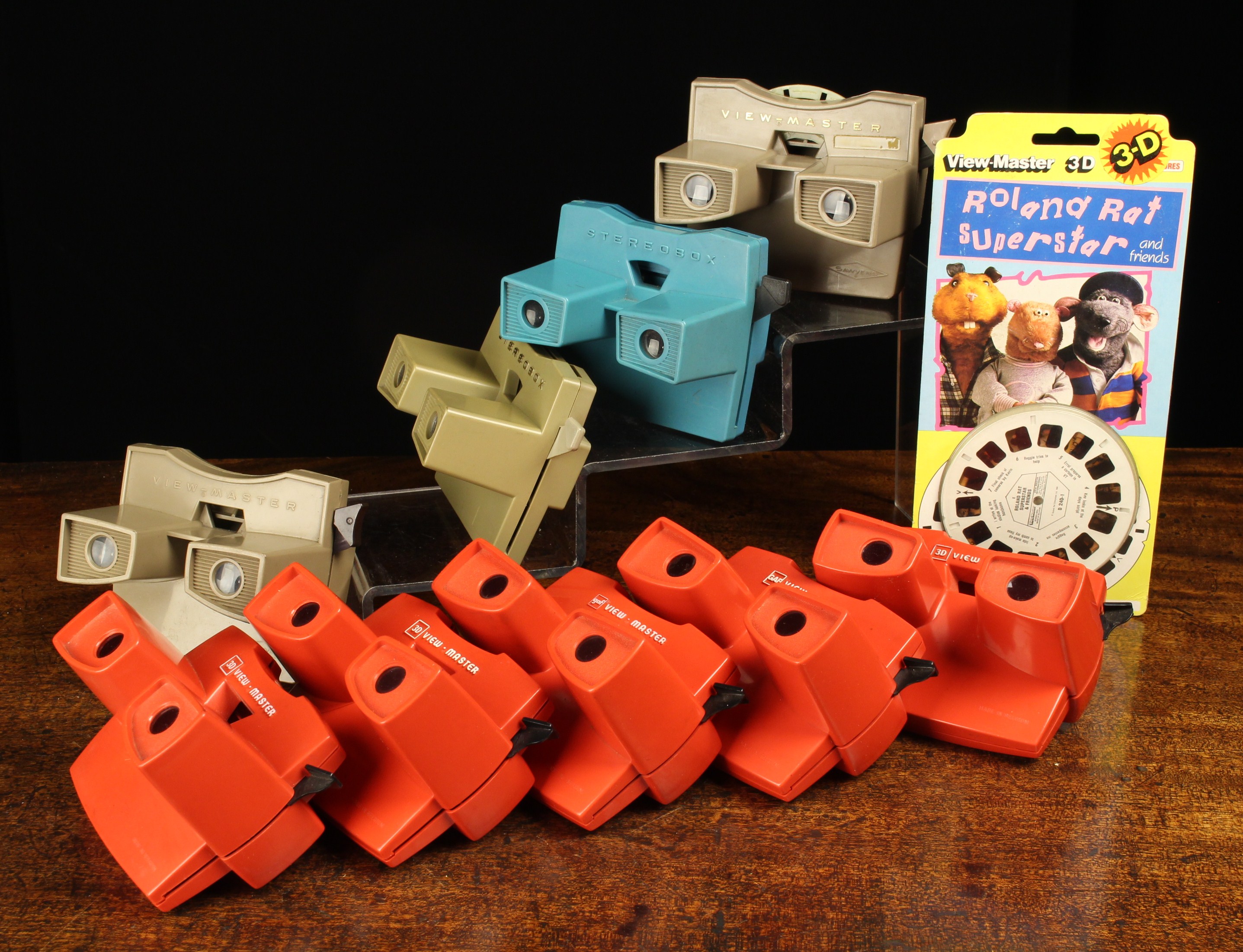 Nine Vintage Stereo Viewers Circa 1970's: Two Grey Sawyers View-masters, two red Gaf view-masters,