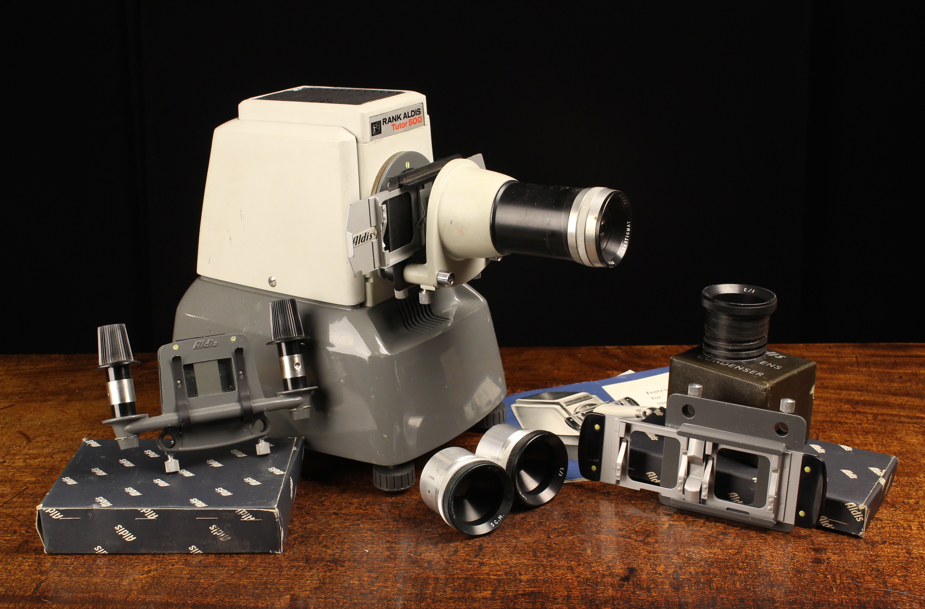 A 1960's Vintage Rank Aldis Tudor 500 cased Projector with three carriers including a 35 mm film