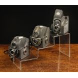 Three Vintage Ensign Ful-Vue Cameras. The earliest model dating from 1946 taking 120 film.