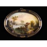 A Oval Miniature Reverse Painting on Glass depicting an 18th Century style landscape with figures