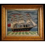 A 19th Century Woolwork Picture embroidered with a three-masted Steamer at Sea and set in a glazed