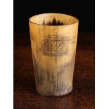 A 19th Century Horn Beaker engraved with a three masted sailing vessel and dated 1890,