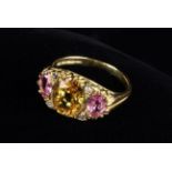 A Beautiful Yellow Sapphire, Pink Sapphire and Diamond 18ct Gold Ring.