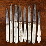 Eight Georgian & Victoiran Folding Silver Fruit Knifes with decorative mother-of-pearl faced