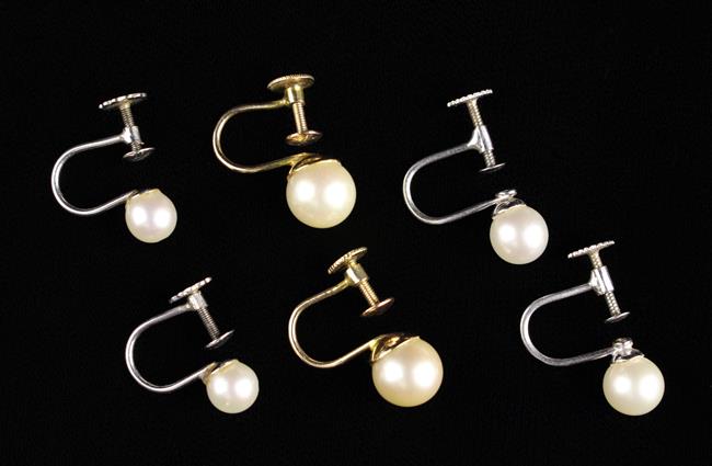 Three Pairs of 9ct Gold Pearl Earrings.