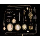 A Collection of Decorative Costume Jewellery: A Victorian gilt metal locket brooch set with five