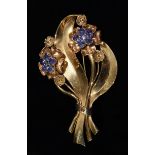 A Vintage 1940/50's Sapphire and Cognac Diamond 9 ct Yellow Gold and Palladium Brooch.