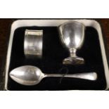 A Viner's Ltd Silver Egg Cup, Spoon & Napkin Ring Set in a fitted presentation box,