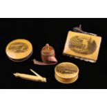 A Victorian Treen Tape-measure, three pieces of Mauchline ware and a folding bone pick.