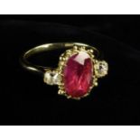 A Large Antique Ruby and Diamond Yellow Gold Ring.