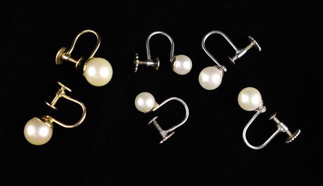 Three Pairs of 9ct Gold Pearl Earrings. - Image 2 of 2