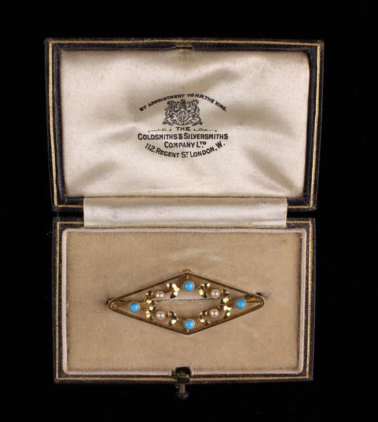 A Pretty Antique 15ct Gold Turquoise and Pearl Brooch, - Image 2 of 2