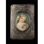 A Charming 19th Century Miniature Portrait of a Young Girl with pink rose in her hair holding a