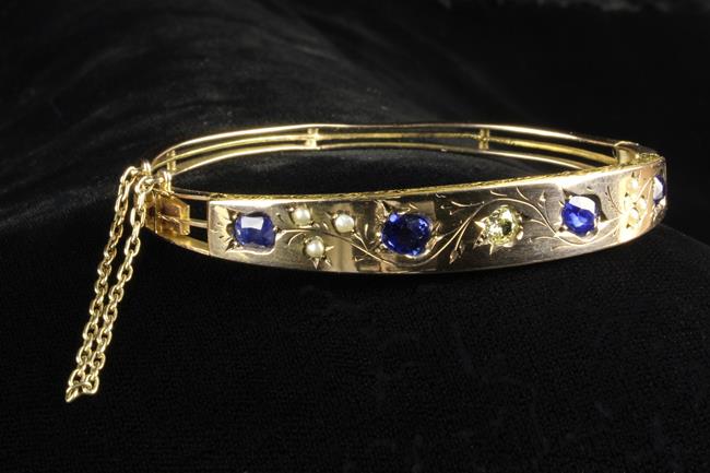 A Victoiran Sapphire, Diamond and Pearl Gold Bangle. - Image 4 of 4