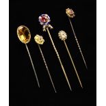 A Collection of Five Gem Set Stickpins.