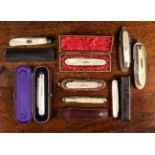 Eight Cased Silver Folding Knives: A late 18th/early 19th Century twin bladed knife with bright