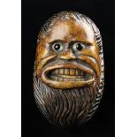 A Rare 19th Century Folk Art Treen Snuff Box carved in the form of a grinning man's head with gouge
