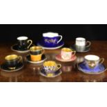 Seven Decorative Coffee Cups & Saucers by Royal Worcester, Coalport, Royal Doulton, Limoges,