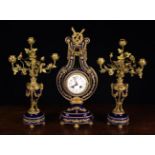 A Highly Decorative 19th Century Sèvres Style Porcelain Lyre Clock & Garniture Set with gilt bronze