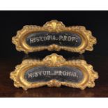 A Pair of Carved, Painted and Gilded Wooden Plaques/Cartouche Labels inscribed 'HISTOR. PROHIB.