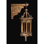 A Good Quality 19th Century Hanging Wooden Lantern & Bracket enhanced with gilding.