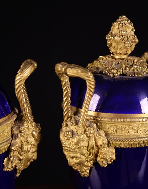 A Pair of Sèvres Style Porcelain Garniture Urns with decorative gilt bronze mounts. - Image 7 of 7