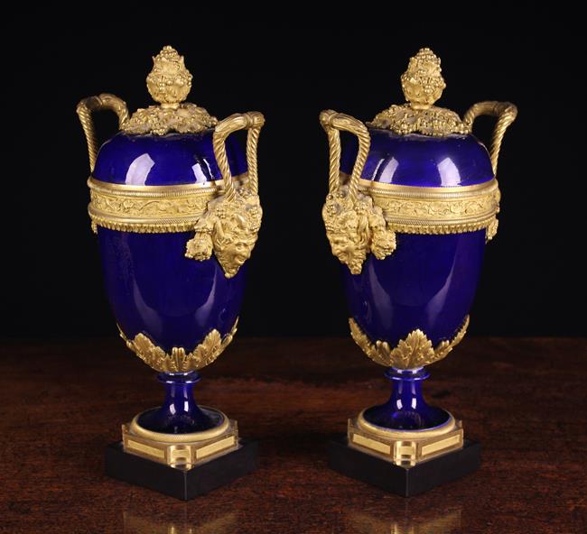 A Pair of Sèvres Style Porcelain Garniture Urns with decorative gilt bronze mounts. - Image 2 of 7