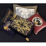 A Group of Five Decorative Scatter Cushions: One with a Toile de Jouy scenic panel printed in black