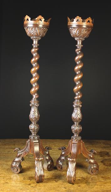 A Pair of Fine Turned & Carved Oak Candlesticks.